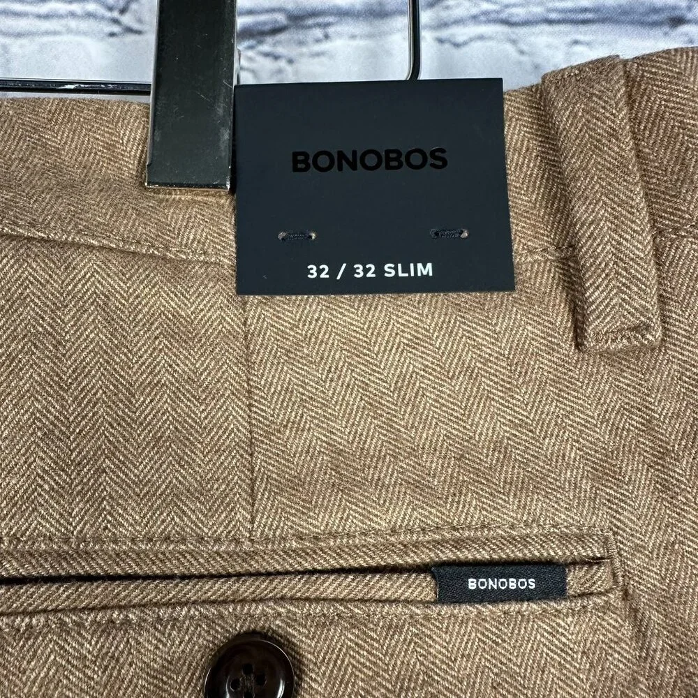 Bonobos Flat Front Brushed Cotton Slim‎ Herringbone Chino, Size W32 x L32, Khaki